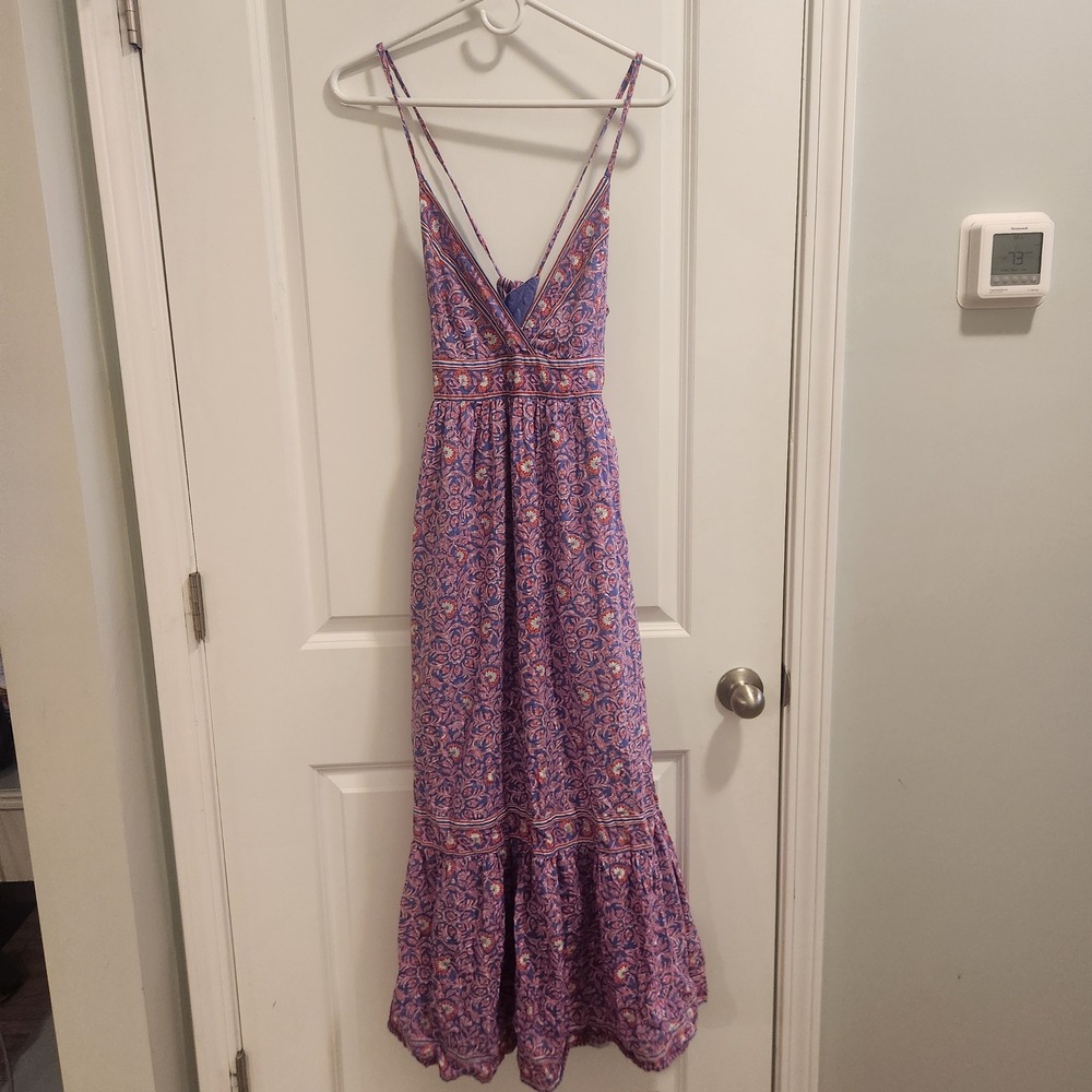 Vineyard Vines Purple Floral Block Print Tiered Maxi Dress Open Back Boho - Picture 4 of 12